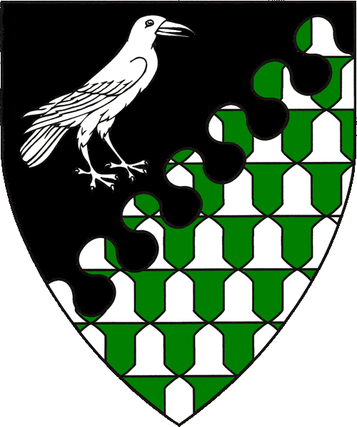 [Per bend sinister nebuly sable and vairy vert and argent, a raven contourny argent.]