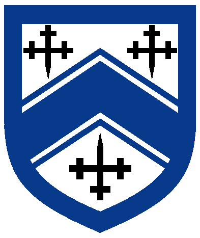 [Argent, a chevron cotised azure between two crosses crosslet fitchy and a cross crosslet fitchy inverted sable, all within a bordure azure	  ]