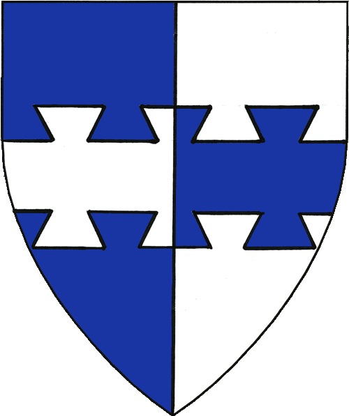 [Per pale azure and argent, a fess dovetailed counterchanged.]