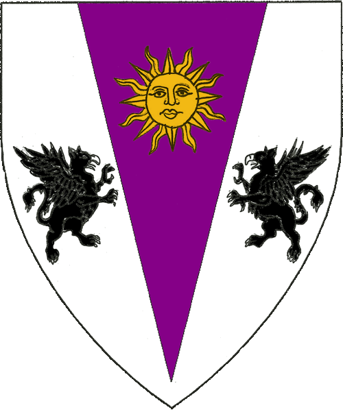 [Argent, on a pile purpure between two griffins combattant sable a sun in splendor Or.]