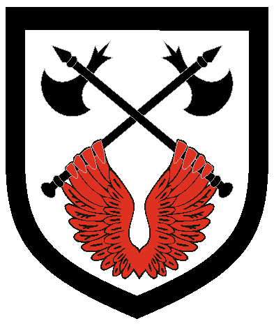 [Argent, an eagle's wing beginning and terminating in hands gules maintaining in chief two axes in saltire, a bordure sable.	  	  	  ]
