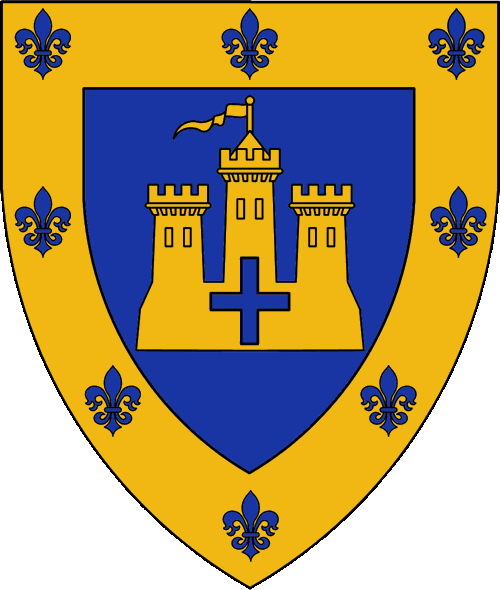 [Azure, on a castle of three towers Or a cross couped azure, a bordure Or semy-de-lys azure.]