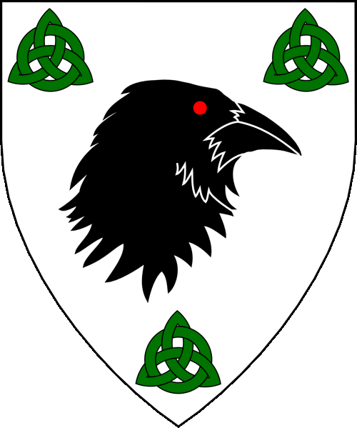 [Argent, a raven's head erased contourny sable between three triquetras each interlaced with an annulet vert.]