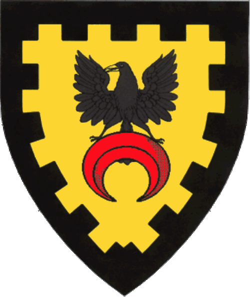 [Or, in pale a raven displayed sable perched atop a crescent inverted gules all within a bordure embattled sable.]