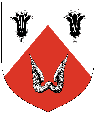 [Per chevron argent and gules, two lilies sable and a vol argent.]