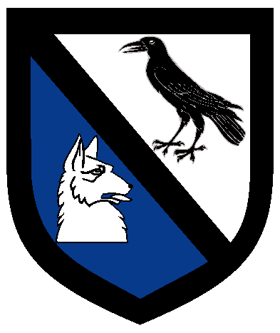 [Per bend argent and azure, a bend between a corbie close sable and a wolf's head contourny argent, a bordure sable	  ]
