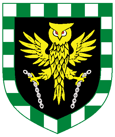 [Sable, an owl displayed guardant Or maintaining a chain fracted argent with a bordure compony argent and vert	  ]