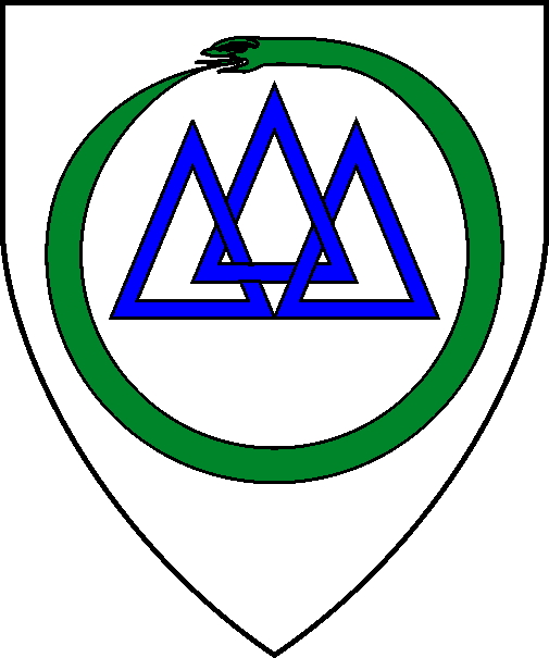[ Argent, three triangles voided and conjoined, one and two, azure within a serpent contourny in annulo vorant of its own tail vert  	  ]