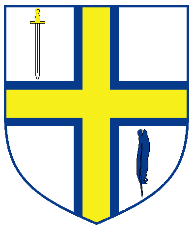 [Argent, a cross azure voided Or, in dexter chief a sword inverted proper, in sinister base a pen palewise azure	  ]