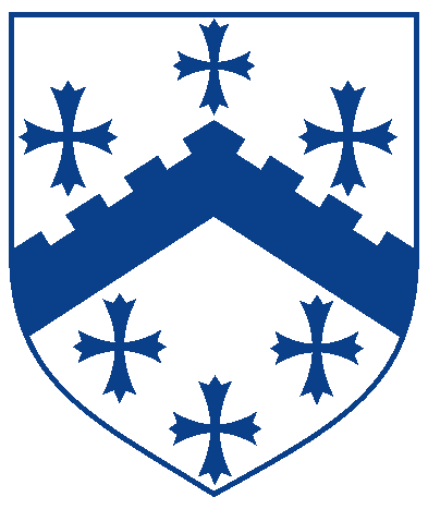 [	  	  Argent, a chevron embattled between six crosses patonce, one, two, two, and one azure.]