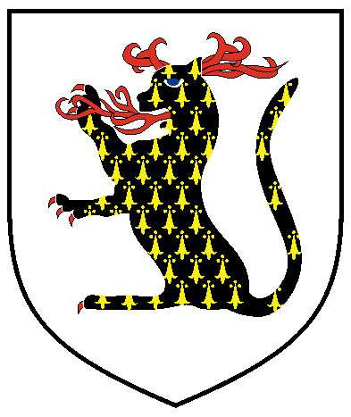 [Argent, a panther sejant erect pean, armed and issuing flames from the mouth and ears gules, orbed azure	  	  ]