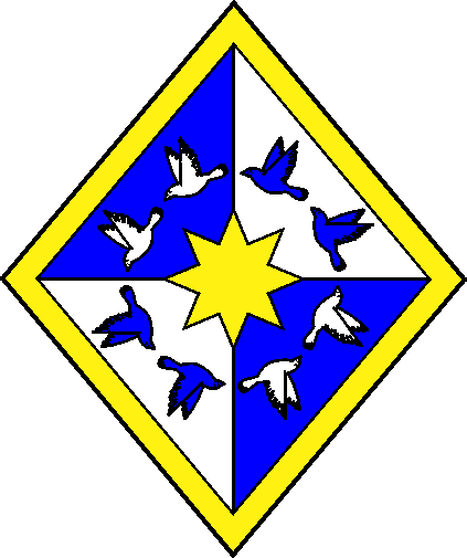 [Quarterly azure and argent, a mullet of eight points Or between eight sparrows volant in annulo wings addorsed counterchanged all within a bordure Or]