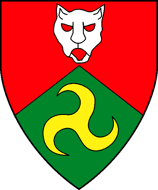 [Per chevron gules and vert, a cat's face argent and a triskelion arrondy Or]