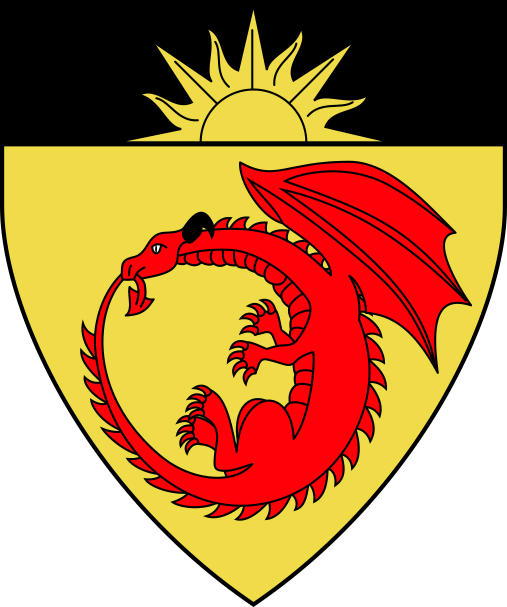 [Or, a dragon in annulo vorant of its own tail gules, on a chief sable a demi-sun Or]