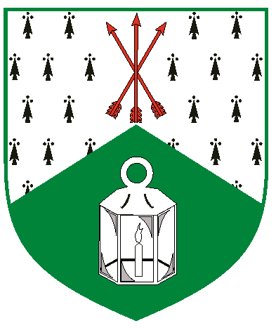 [Per chevron ermine and vert, a sheaf of arrows inverted gules and a lantern argent	  ]