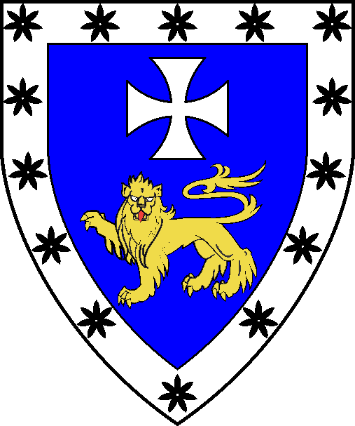 [Azure, in pale a cross formy argent and a lion passant guardant Or within a bordure argent semy of jasmine flowers sable]