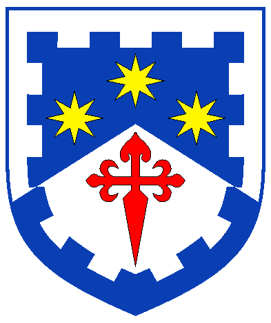 [	  Per chevron azure and argent, three mullets of eight points one and two Or and a cross of Santiago gules within a bordure embattled counterchanged]