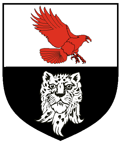 [Per fess argent and sable, a hawk striking to sinister gules and a natural leopard's head erased affronty argent	  ]