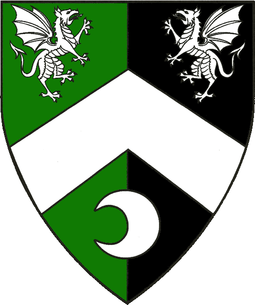 [Per pale vert and sable, a chevron between two dragons combattant and an increscent argent.]