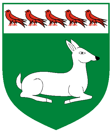 [Vert, a doe couchant contourny and on a chief argent six martlets gules	  	  ]