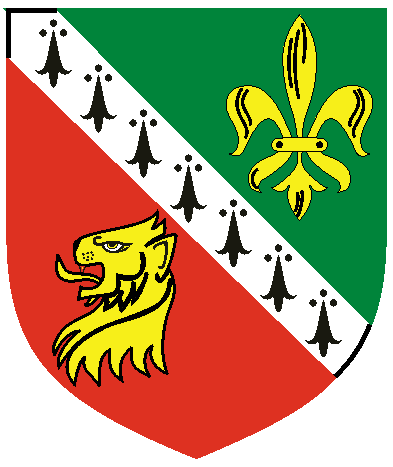 [Per bend vert and gules, a bend ermine between a fleur-de-lys and a lion's head erased Or	  ]
