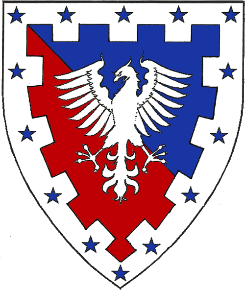 [Per bend azure and gules, an eagle argent and a bordure embattled argent mullety azure]