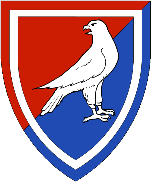 [Per bend sinister gules and azure, a hawk reguardant contourny and an orle argent.]