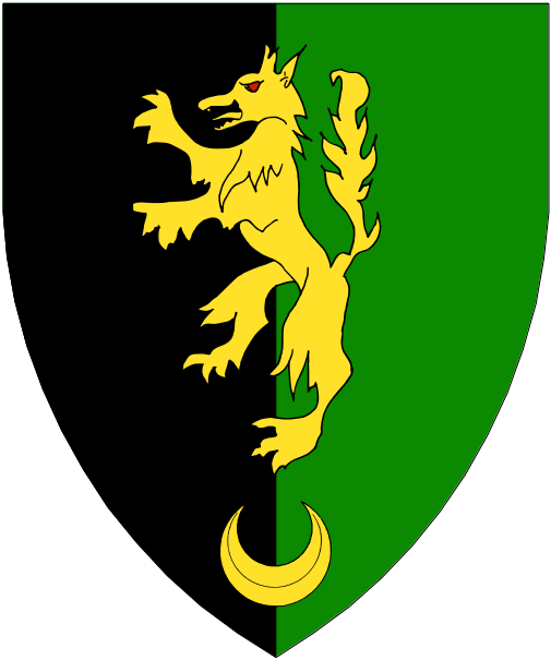 [Per pale sable and vert, a wolf rampant and in base a crescent Or.]