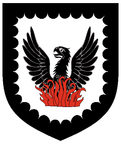 [Argent, a phoenix sable issuant from flames gules a bordure invected sable.  	  ]