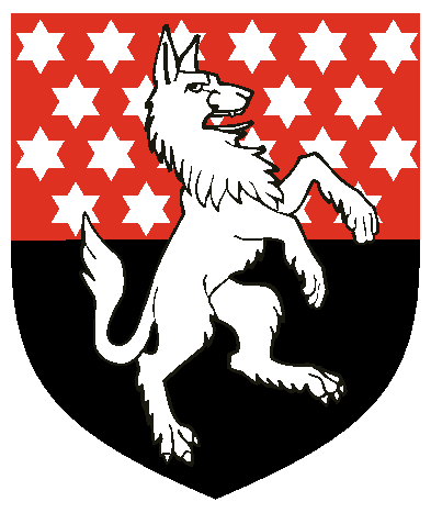 [Per fess gules, mullety of six points argent, and sable, a wolf rampant to sinister argent	  ]