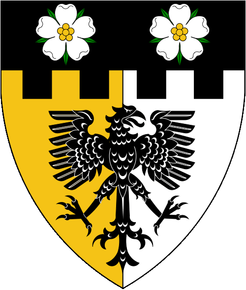 [Per pale Or and argent, an eagle displayed head to sinister and on a chief embattled sable two roses argent barbed and seeded proper	  	  	  	  	  	  	  	  ]