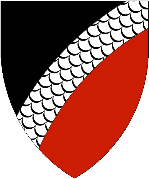[Per bend sinister sable and gules, a bend sinister enarched argent scaly sable.]
