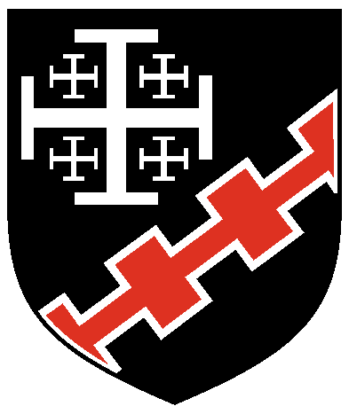 [Sable, in bend a cross of Jerusalem argent and a bend sinister bretessed gules fimbriated argent	  ]