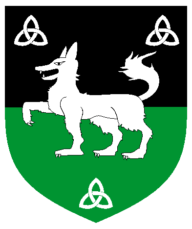 [	  Per fess sable and vert, a wolf passant between three triquetras argent]