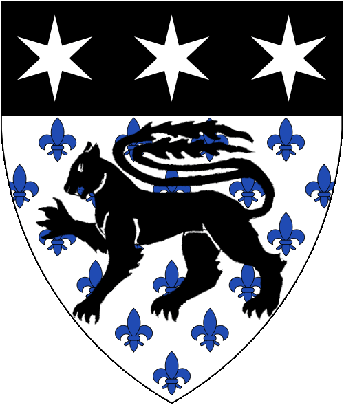 [Argent semy-de-lys azure, a catamount queue-fourchy passant and on a chief sable three mullets of six points argent.]