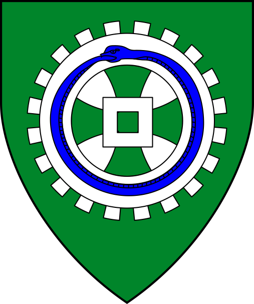 [Vert, on a cog-wheel argent a serpent in annulo vorant of its tail azure]