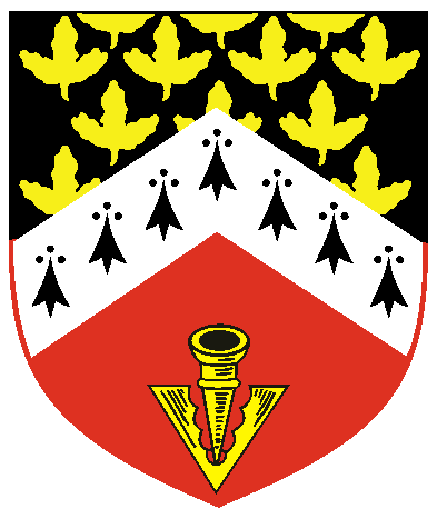 [Per chevron sable semy of ash sprigs Or, and gules, a chevron ermine and in base a pheon Or	  ]