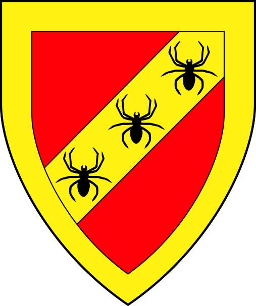 [Gules, on a bend sinister Or three spiders palewise sable, a bordure Or]