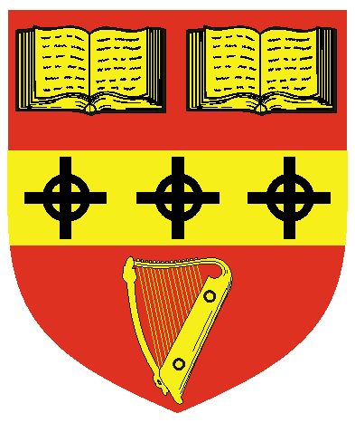 [Gules, on a fess between two open books and a harp Or, three equal armed Celtic crosses sable	  ]