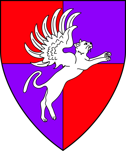 [Quarterly gules and purpure, a winged domestic cat salient to sinister argent]