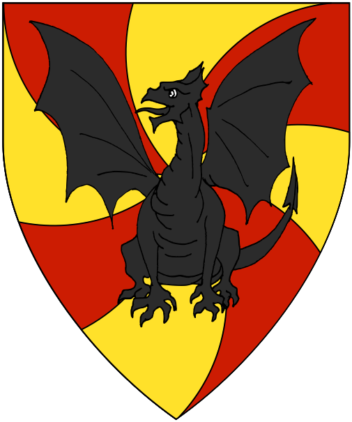[Gyronny arrondi gules and Or, a dragon sejant affronty, face to dexter and wings displayed sable.]