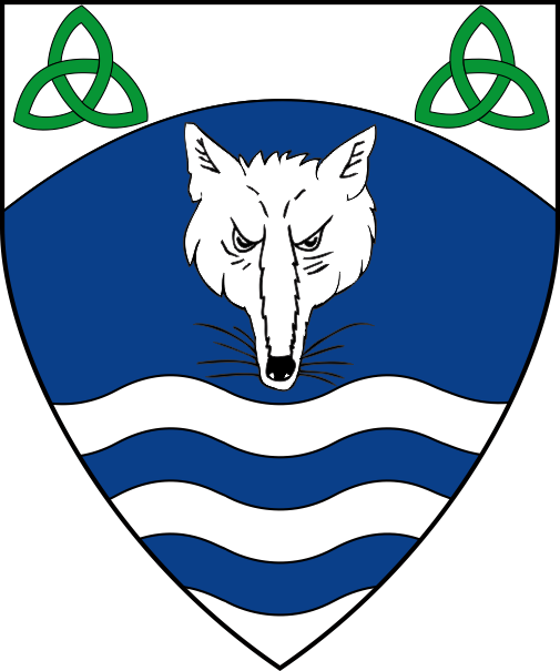 [Azure, a fox's mask argent and a ford proper, on a chief enarched argent, two trefoil knots vert.	  ]