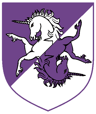 [Per bend sinister purpure and argent, a demi-unicorn and a demi-unicorn inverted and reversed, both issuant from the line of division and counterchanged.  	  ]