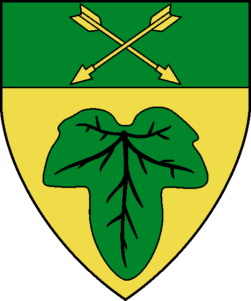 [Or, an ivy leaf inverted and on a chief vert two arrows in saltire Or]
