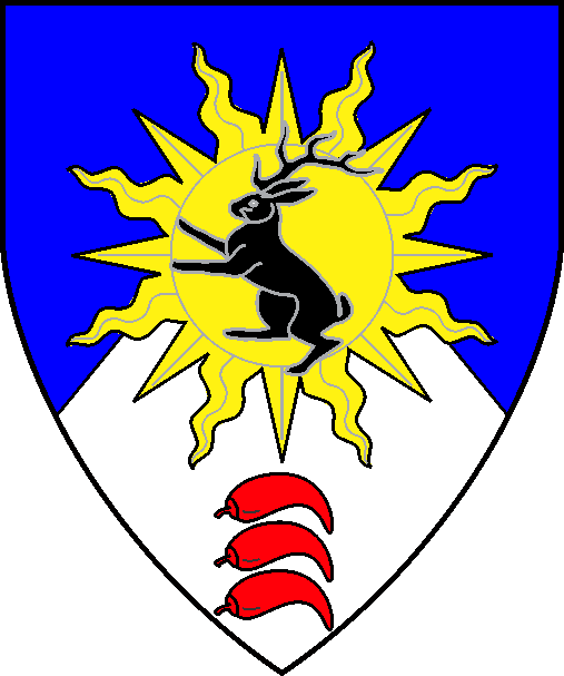 [Per chevron azure and argent, on a sun Or a rabbit rampant attired sable, in base in pale three chili peppers gules]