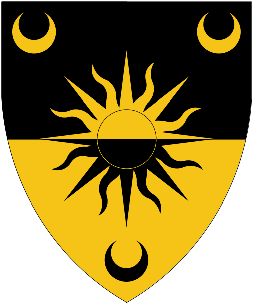 [Per fess sable and Or, a sun between three crescents counterchanged.]