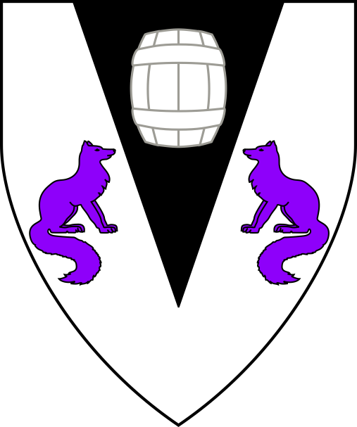 [Argent, on a pile sable between two foxes sejant respectant purpure a barrel palewise argent]