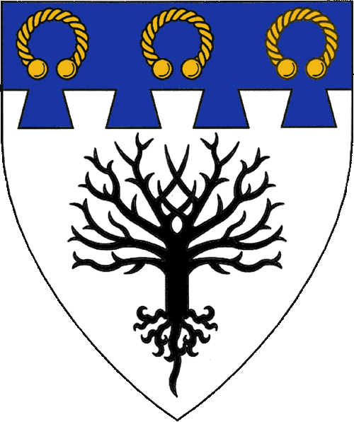 [Argent, a tree blasted and eradicated sable and on a chief dovetailed azure three torcs Or.]