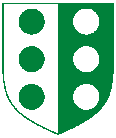 [	Per pale argent and vert, six roundels two, two, and two counterchanged.  ]