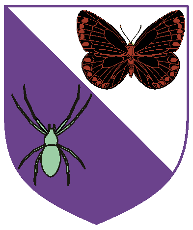 [Per bend argent and purpure, a black Diana filigree butterfly  and a hump-backed orb weaver spider  proper	  ]